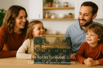 Famille souriante autour d’un calendrier de l’Avent sur une table en bois. Atmosphère chaleureuse et festive.